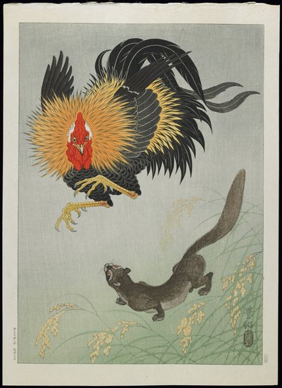 Rooster and Weasel by Ohara Koson